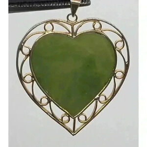 Vintage Large Heart Pendant Nephrite Jade 12k GE Filigree Detail Necklace